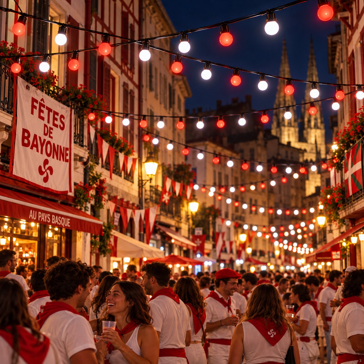 Guirlandes rouges et blanches dans une ambiance de fête de Bayonne